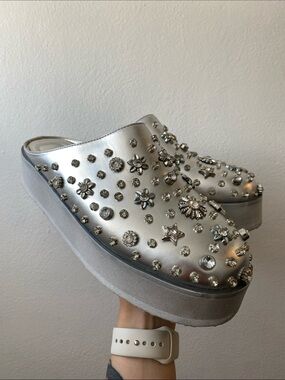 Silver Jeweled Platform Clogs - Women's Embellished Mules